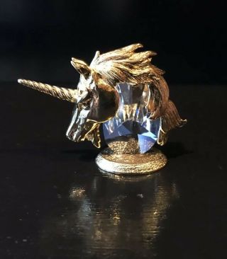 Miniature Gold Metal And Swarovski Crystal Unicorn Head Figurine Signed Jj