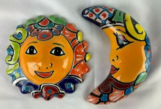 4 " Sun And Moon Eclipse Wall Hanging Decor Folk Art Mexican Talavera Ceramic