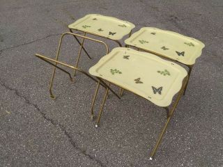 Vintage Tv Trays - Set Of 3 With Carrier - Butterfly Pattern 1960 