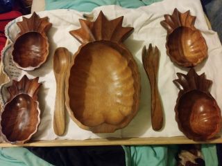 Vintage 7 Piece Monkeypod Wood Hand Carved Pineapple Design Salad/fruit Bowl Set