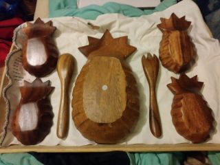 Vintage 7 Piece Monkeypod Wood Hand Carved Pineapple Design Salad/Fruit Bowl Set 2