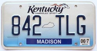 Kentucky " Unbridled Spirit " License Plate,  842 Tlg,  Madison County