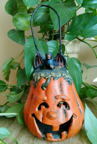 Vintage Cast Iron Halloween Pumpkin/bat Jack O Lantern Tealight Candle Holder