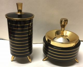 Vintage Art Deco Enamel Cigarette Holder Pop Up Lift&matching Ashtray - Black&gold