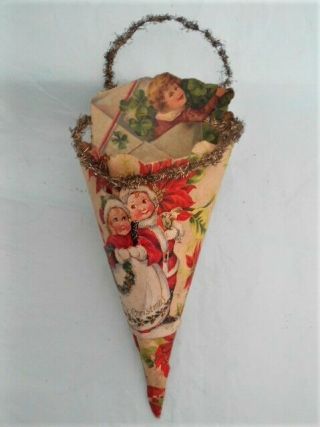 Antique Scrap Paper Cornucopia Christmas Candy Container 1890s To Early 1900 
