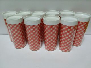 10 Vtg West Bend Thermo - Serv Mid Modern Gingham Red & White Print Tumbler Cups