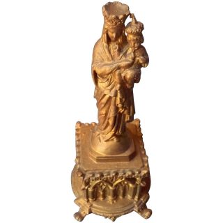 Antique French Statue Virgin Mary Madonna Our Lady Metal Figurine Shrine Icon