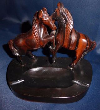 Ashtray Wooden Horse Table Top 2 Horses Playing Light & Dark Brown Carved Wood