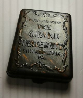 Antique Advertising Tin Match Holder Safe The Grand Fraternity Philadelphia Pa.