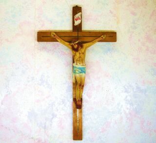 Vintage Religous Crucifix Christ Jesus Hand Painted Wood 18 1/2 " Signed Vgc