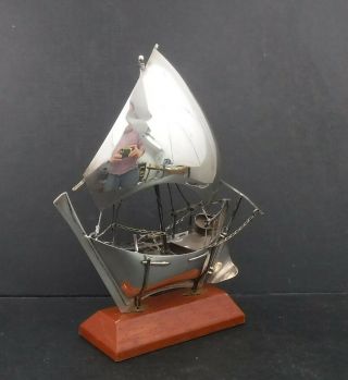 Sterling Silver Sail Boat Ship On Wooden Plinth - 92g Silver