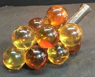 Vintage Lucite Acrylic 1.  5 " Gold Yellow Amber Grapes Cluster Driftwood Stem Mcm