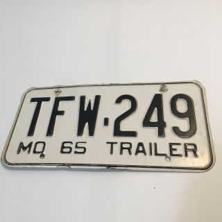 1965 Mo Tfw - 249 Trailer Missouri Black & White License Plate Only One