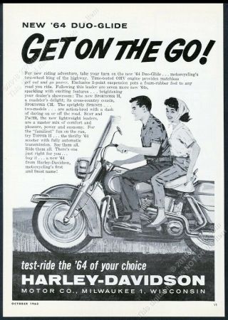 1964 Harley Davidson Duo Glide Motorcycle Happy Couple Art Vintage Print Ad