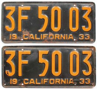 California 1933 License Plate Pair,  3f 50 03,  Dmv Clear,  Paint