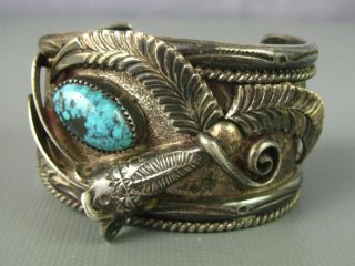 Old Pawn Navajo Yaqui Cast Sterling Turquoise Cuff Bracelet 110 Grams Heavy 10