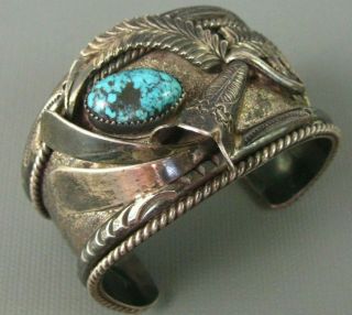 Old Pawn Navajo Yaqui Cast Sterling Turquoise Cuff Bracelet 110 Grams Heavy