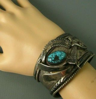 Old Pawn Navajo Yaqui Cast Sterling Turquoise Cuff Bracelet 110 Grams Heavy 2