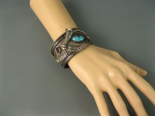 Old Pawn Navajo Yaqui Cast Sterling Turquoise Cuff Bracelet 110 Grams Heavy 4