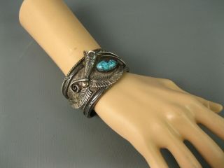 Old Pawn Navajo Yaqui Cast Sterling Turquoise Cuff Bracelet 110 Grams Heavy 5