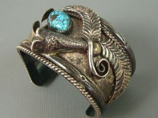 Old Pawn Navajo Yaqui Cast Sterling Turquoise Cuff Bracelet 110 Grams Heavy 7
