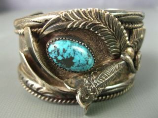 Old Pawn Navajo Yaqui Cast Sterling Turquoise Cuff Bracelet 110 Grams Heavy 8