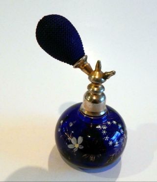 Old Turn Of The Century Cobalt Blue Perfume Atomizer With White Flower Design