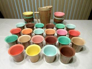 Vtg Melmac Burlap Rattan Insulated Bowls/coffee Mugs/water Pitcher - Set Of 32
