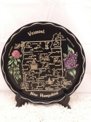 State Of Vermont/new Hampshire Black Gold Metal Map Flower Vintage Souvenir Tray