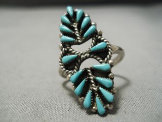 Intricate Vintage Zuni Navajo Turquoise Needle Sterling Silver Ring