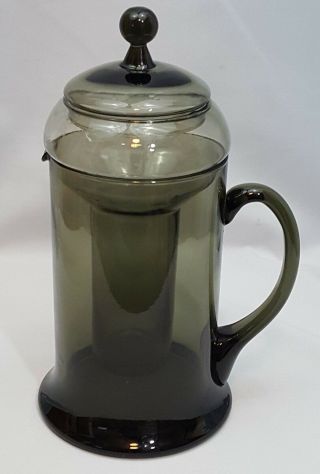 Vintage Smokey Gray Glass Pitcher Carafe Wine Water Tea Ice Chamber Tube Lip