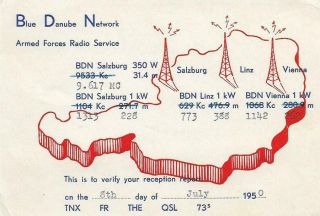 1950 Qsl: Blue Danube Network,  American Forces Radio Service,  Salzburg,  Austria