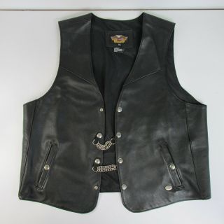 Harley Davidson Xxl Black Leather Vest Snap Front With Extender Chains