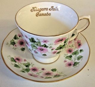 Vintage Niagara Falls Canada Souvenir Tea Cup And Saucer Floral Bone China Gold
