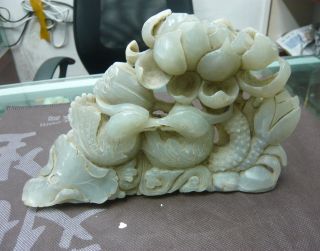 Chinese Antique Jade 2 Mandarin Ducks Lotus Flower Love Symbol Statue Carving Ls