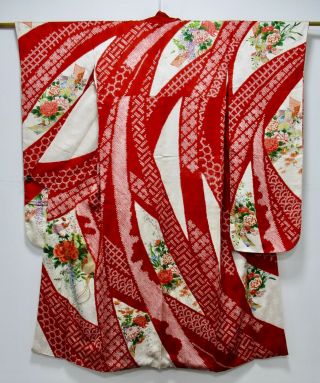 Japanese Kimono Silk Furisode / Gorgeous Shibori / Flower / Silk Fabric /114