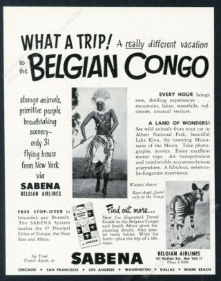 1951 Belgian Congo Native Dancer & Okapi Photo Sabena Airlines Vintage Print Ad