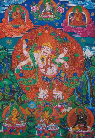 50 " Embroidered Brocade Wood Scroll Tibetan Thangka: Six Arms White Mahakala =