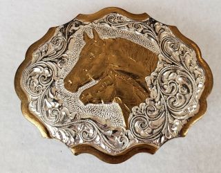 Vintage 2 Two Horses Crumrine Heavy Silver Plate On Jewelers Bronze Belt Buckle