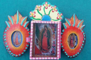 Triple Bendiciones Mexican Handmade Tin Nicho 5.  5x3.  5x0.  5 Virgen De Guadalupe H