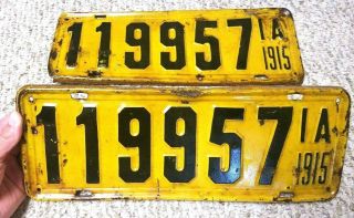 1915 Iowa License Plate Pair Extremely Rare 119957 Yellow