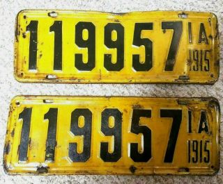1915 Iowa License Plate PAIR Extremely RARE 119957 Yellow 2