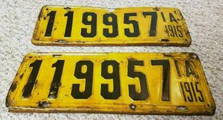 1915 Iowa License Plate PAIR Extremely RARE 119957 Yellow 3