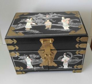 Black Lacquer Inlaid Large Jewelry Box Chest W/ Drawers Chinese Japanese