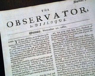 Very Early Rare Woman Publisher Observator London 337 Years Old 1681 Newspaper