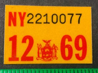 Orig Vtg 1969 Ny York Registration Sticker License Plate Auto Car 1960s
