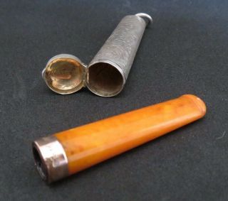 Antique 9ct Gold Banded Amber Cheroot & Holder Hallmarked Silver Case