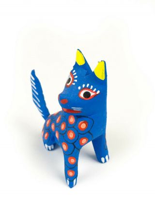 Mini Blue Spotted Dog Oaxacan Alebrije Wood Carving Mexican Folk Art Sculpture