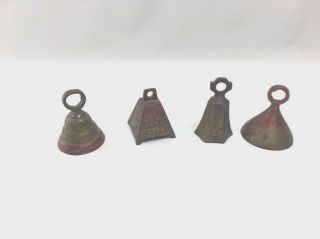 Set Of 4 Vintage Christmas Bells Brass 1 1/2 " To 2 " Tall Worn Patina
