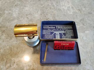 Vintage 1940 ' s Gillette 24k Gold plated 3 Pc.  TECH Razor W/box & blades 2